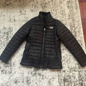 Reversible The North Face Puffy/Furry black jacket; size Girls LG (14/16)